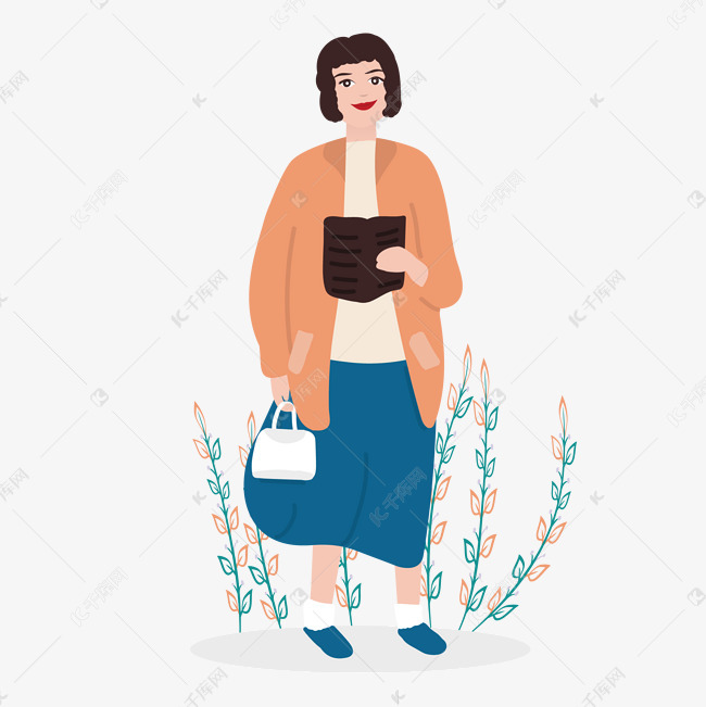 卡通风拎包拿书的女人