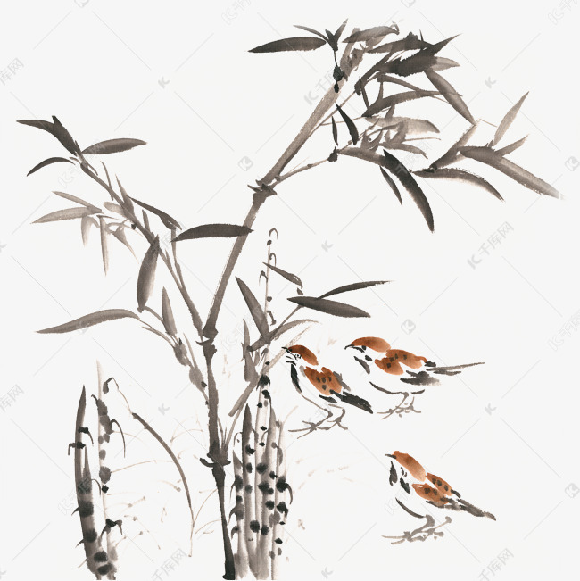 竹林里的麻雀水墨画png免抠素材