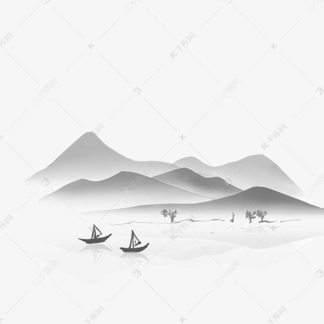 水墨风格中国风传统山雾气黑白手绘山水树木小船素材