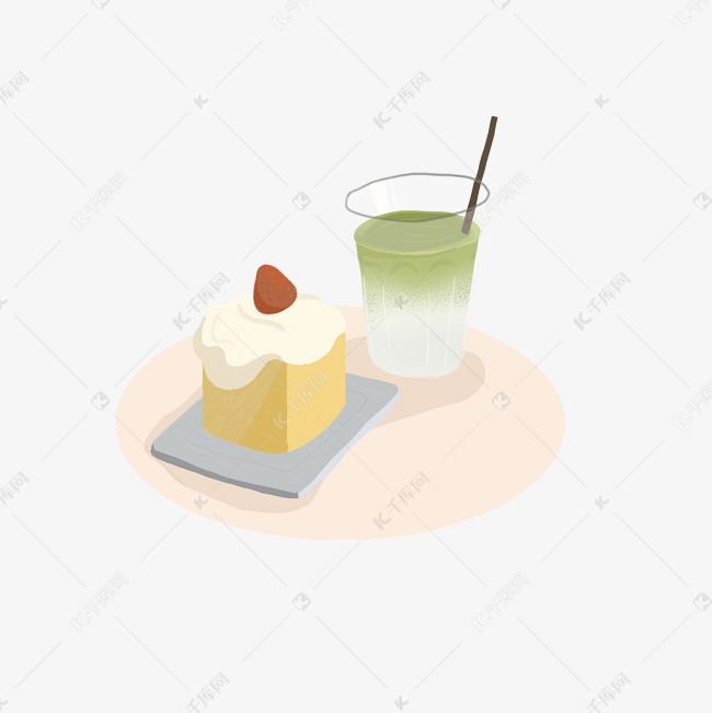 小蛋糕饮品抹茶红草莓蛋糕插画美食设计海报