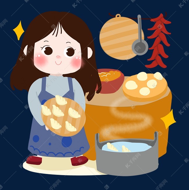 春节卡通女孩煮饺子过年png素材
