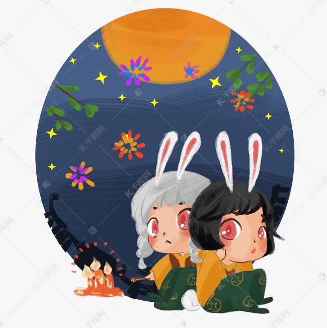 中秋节可爱月兔q版人物手绘插画
