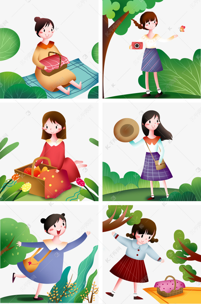 春游踏青人物合集插画