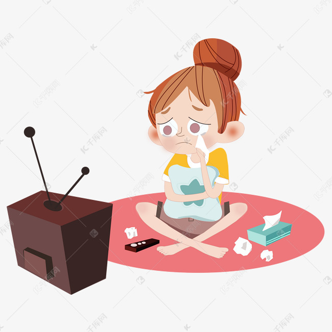 在家中看电视感动哭了的小女孩插画png