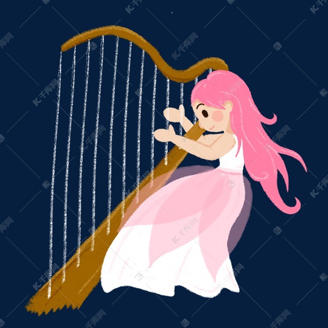 弹竖琴的卡通小女孩免抠图