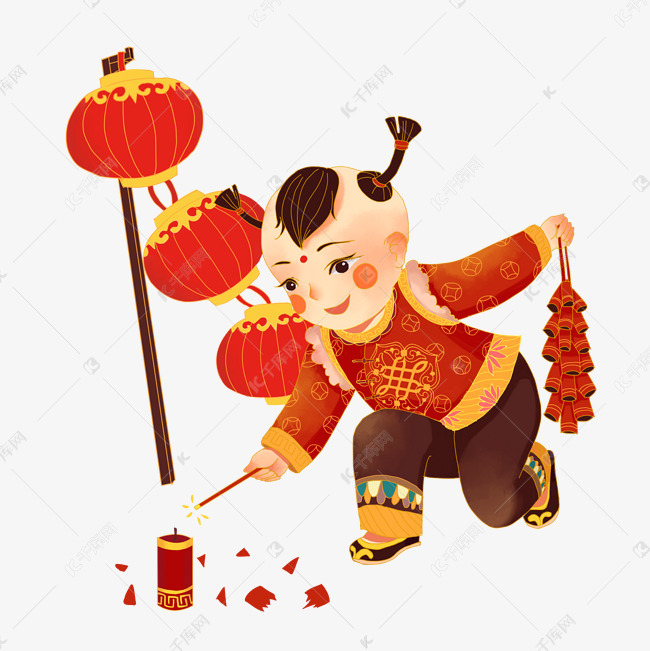 春节放鞭炮习俗插画