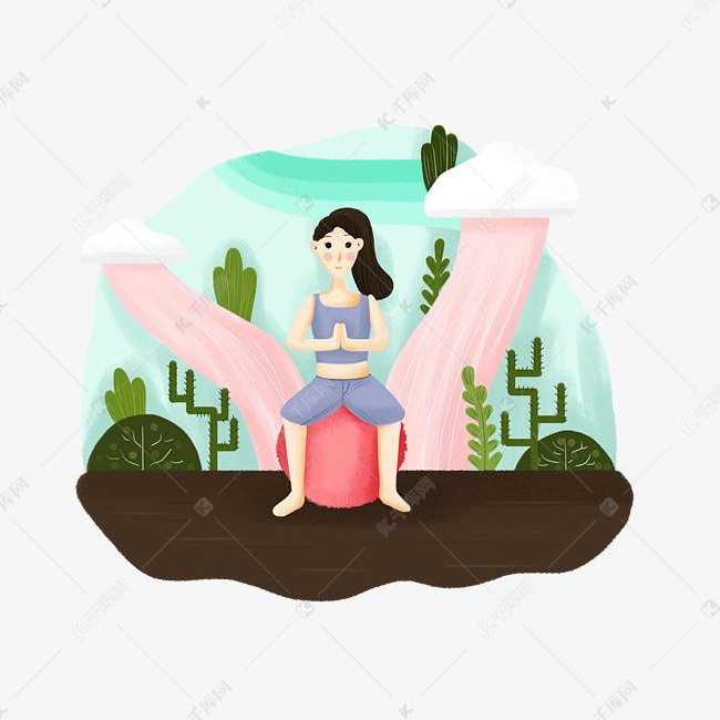 手绘运动健身女孩瑜伽球