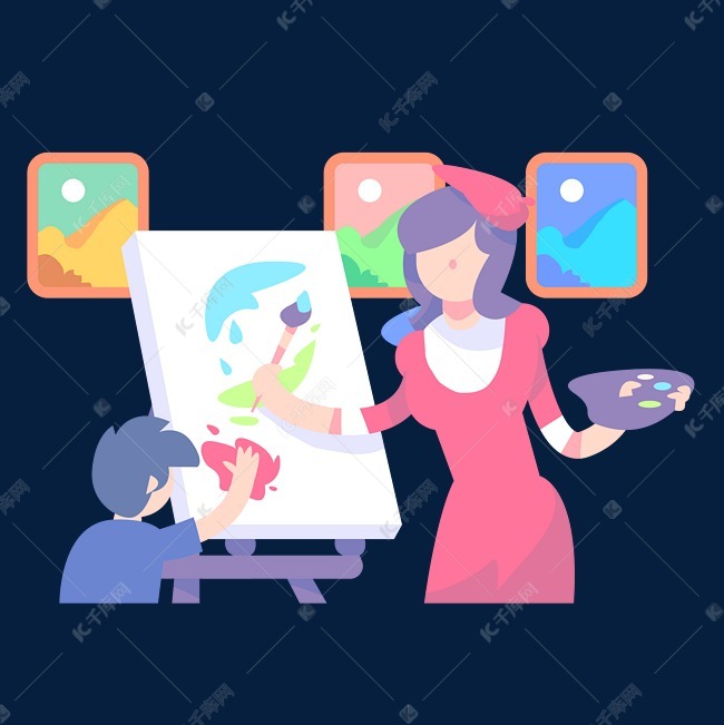 卡通手绘教学生画画的老师