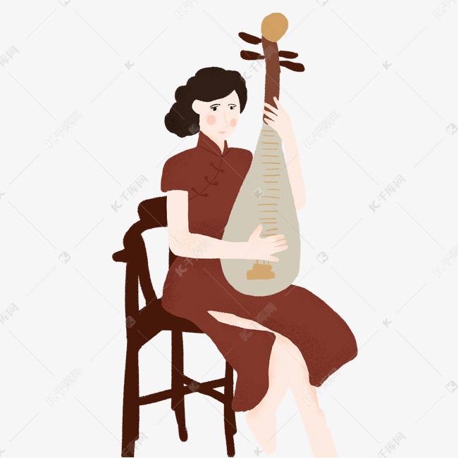 坐着弹古典琵琶的歌女免抠图