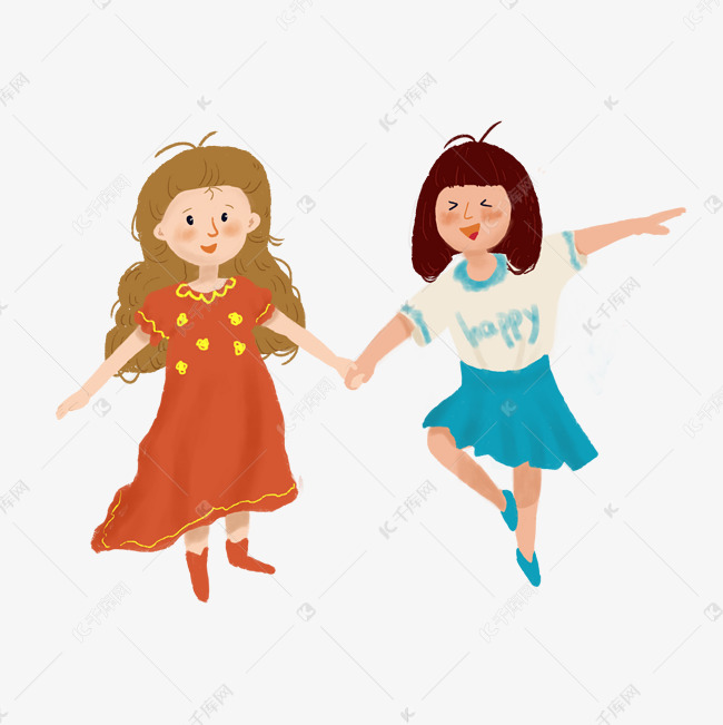 友谊手拉手开心跳舞的两个小女孩