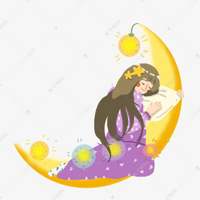 在月亮上睡觉的小女孩
