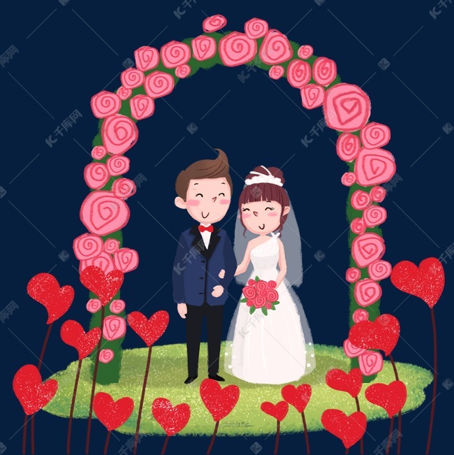 卡通手绘新娘手捧玫瑰花结婚免抠