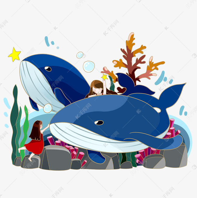 幻想海底世界鲸鱼与女孩png素材