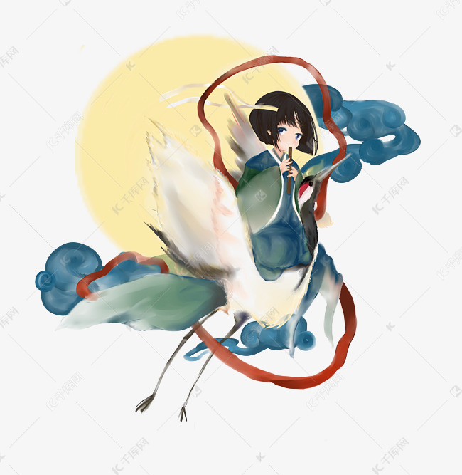 中国风小清新少女驾仙鹤吹笛pn