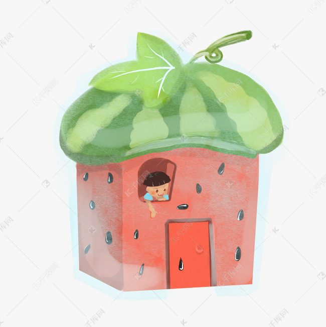 夏天暑假冰块西瓜房子小人