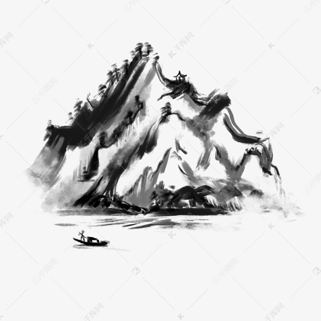 卡通毛笔画石头山风景图免抠图
