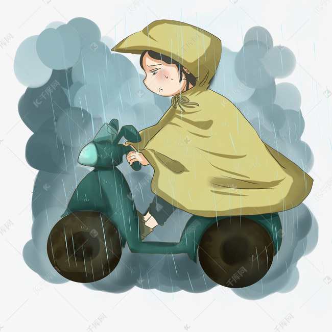 雨水卡通男孩下雨骑车阴天矢量图