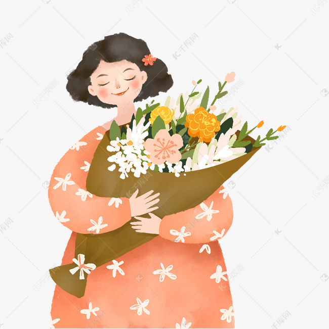 三八妇女节女神的节日抱着花的女孩卡通手绘素材图片免费下载-千库网
