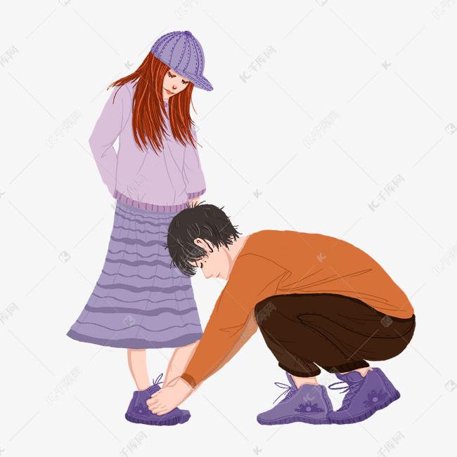 系鞋带的情侣手绘插画