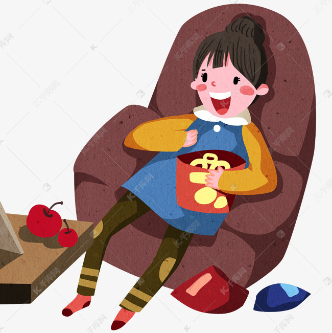 宅生活吃零食的小女孩
