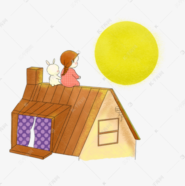 小女孩坐在屋子上面看月亮