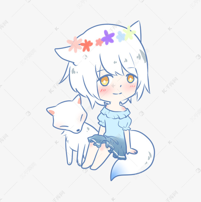 可爱手绘卡通白狐少女