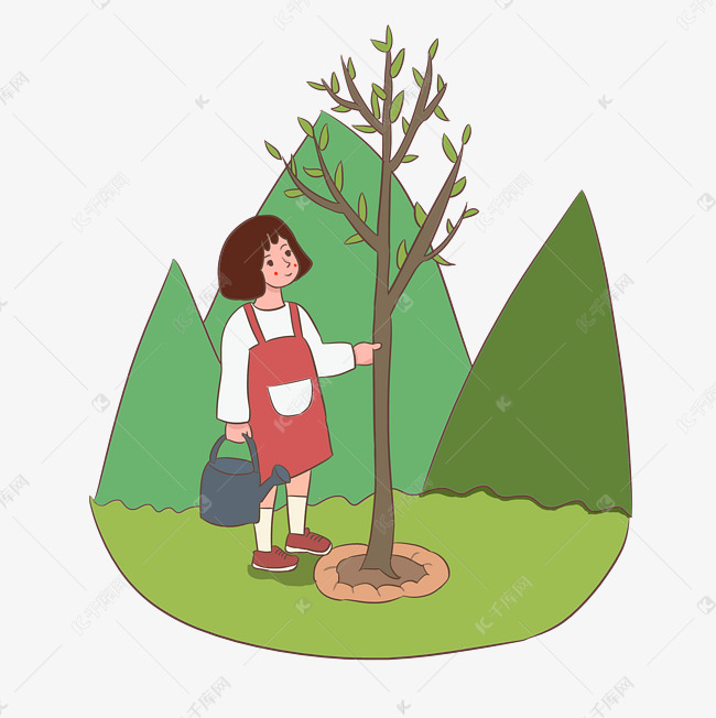 植树节栽树的小女孩手绘插画