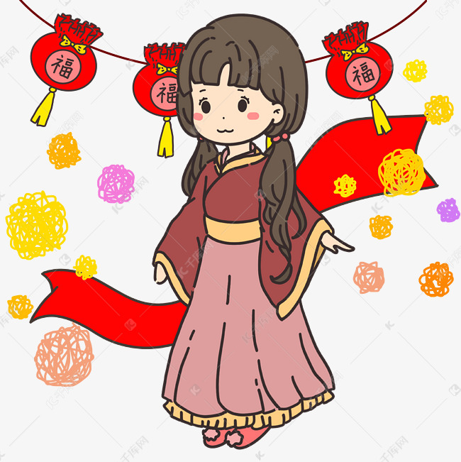 新年小女孩迎新春福字灯笼手绘插