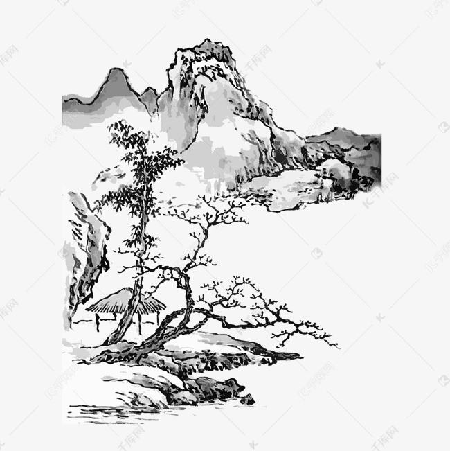 水墨山水国画线描东方意境png