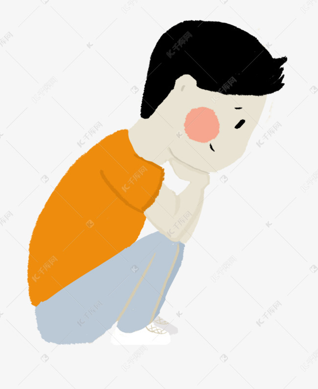 卡通手绘可爱小男孩蹲在地上思考