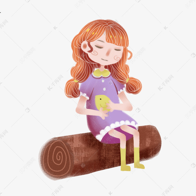 卡通坐在木头上的女孩