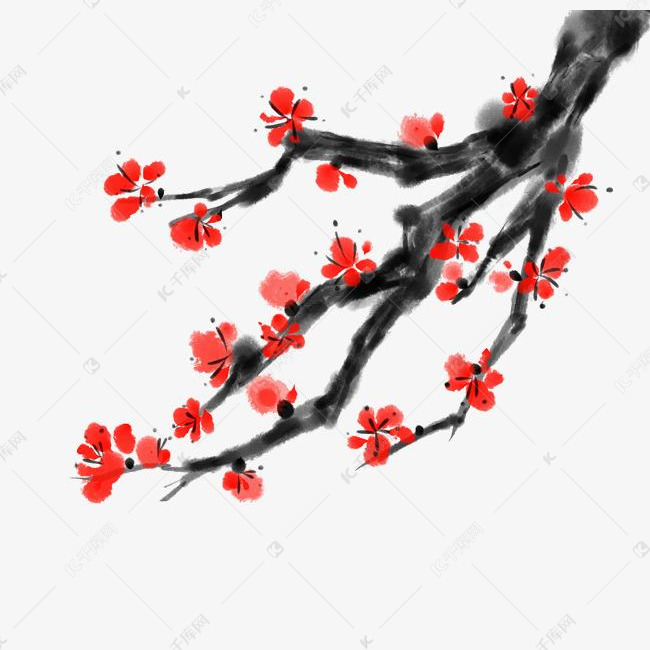 手绘红色的梅花花枝