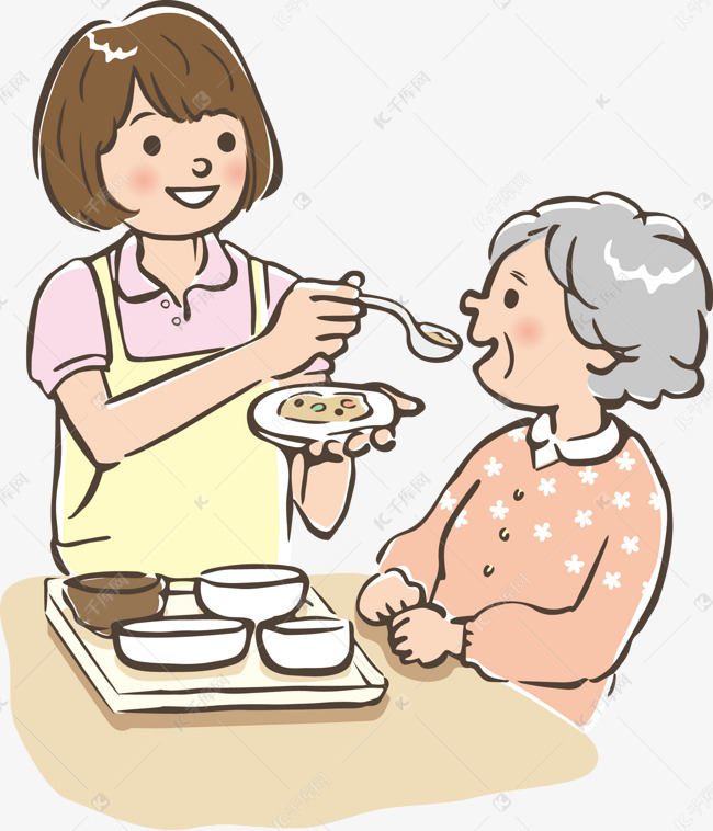 手绘卡通喂妈妈吃饭