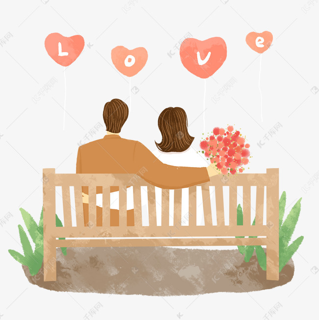 情人节坐在长椅的背影情侣