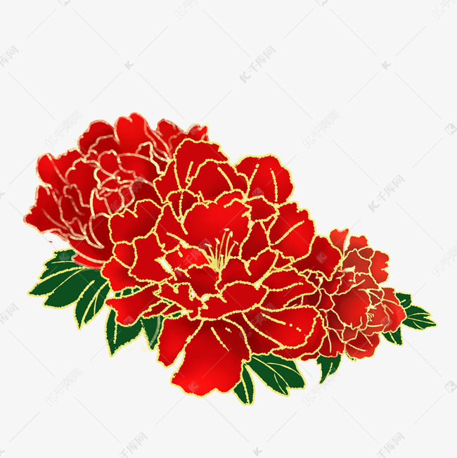 节日中国风红色金边牡丹手绘花叶