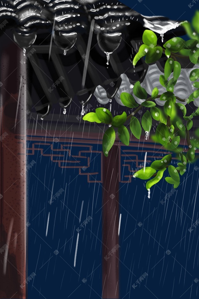 春天春季植物屋檐雨滴春雨手绘插