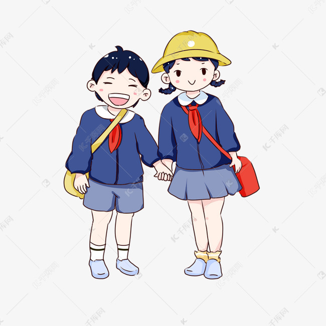 手绘卡通开学日上学的小学生