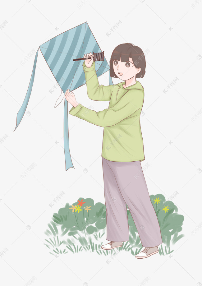春分放风筝的小女孩