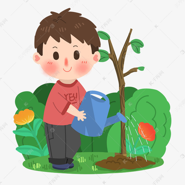 植树节卡通男生浇水png素材
