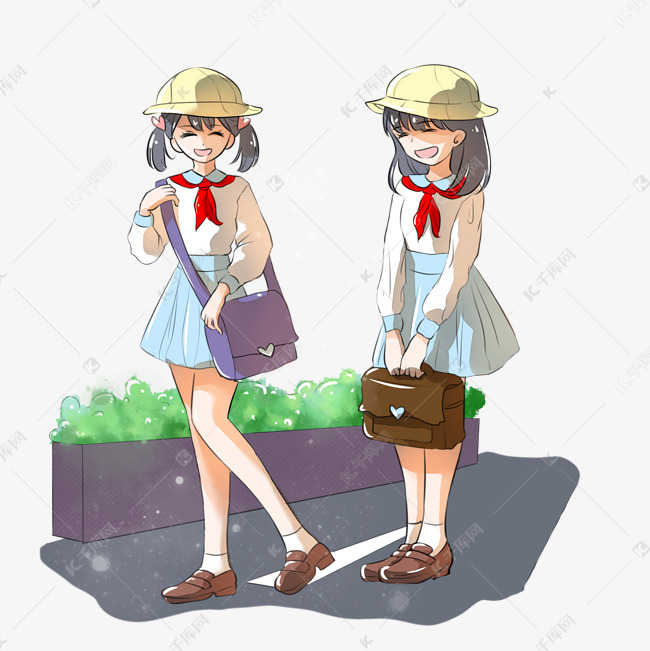 手绘同学结伴上学插画