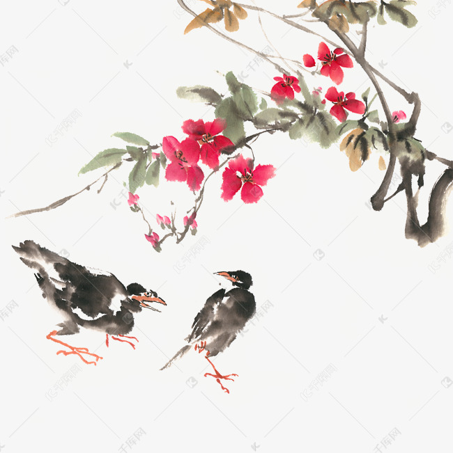 红花与小鸟水墨画png免抠素材