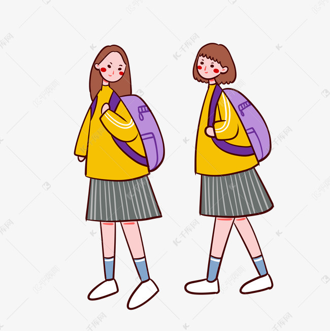 矢量卡通开学季可爱穿黄色校服背书包的女学生素材-千