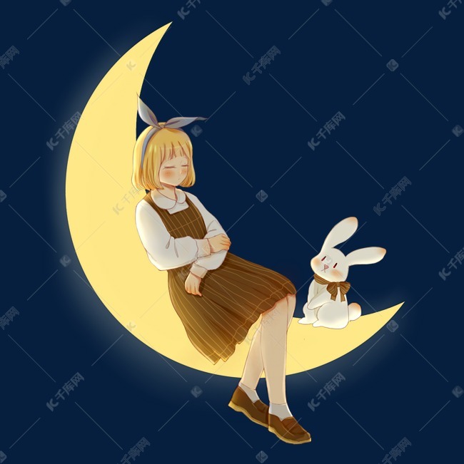 月亮上的小女孩和小兔子卡通手绘png素材