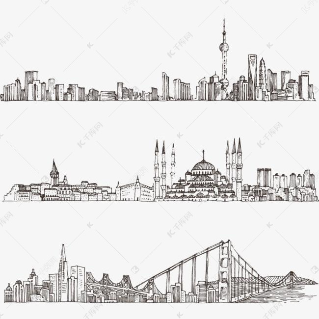 手绘素描上海城市建筑背景