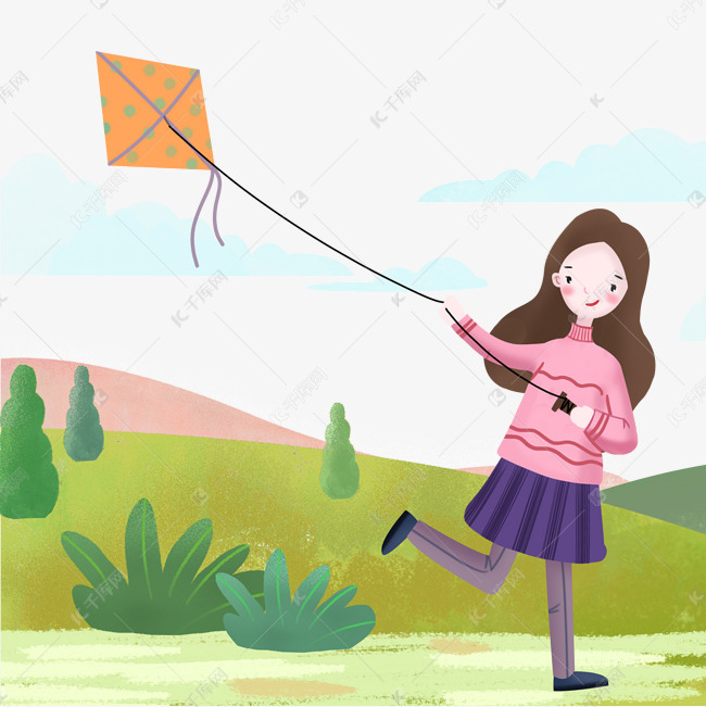 春天小女孩放风筝的场景