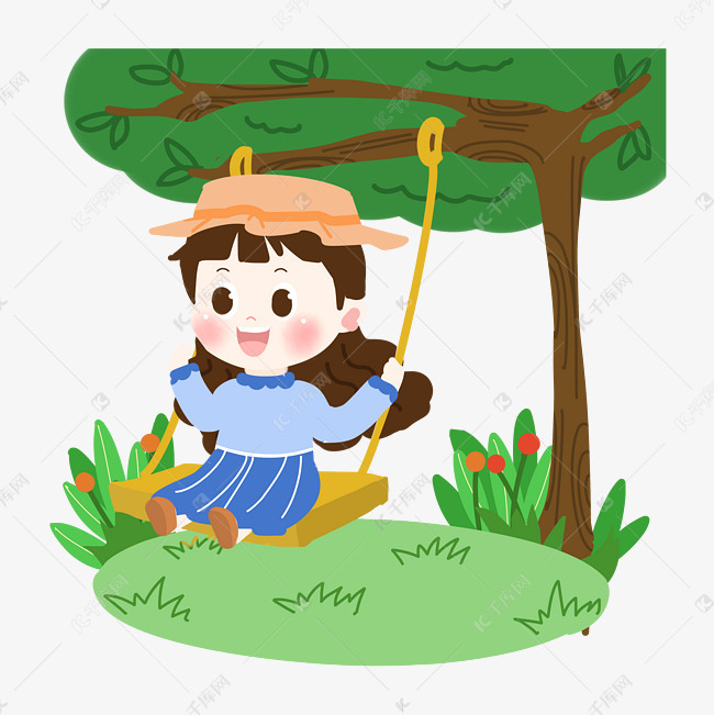 春天卡通女孩荡秋千png素材