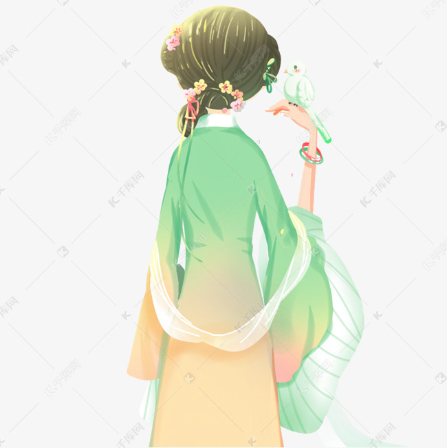 逗鸟的古装女子卡通png素材