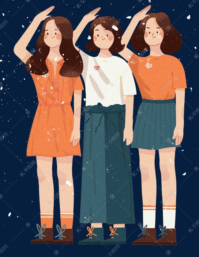 手绘卡通三个女孩敬礼元素素材图片免费下载-千库网