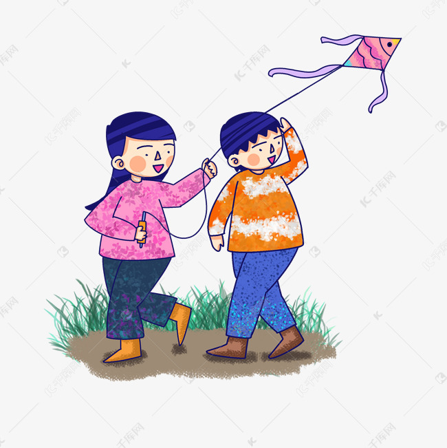 手绘情侣一起春游放风筝