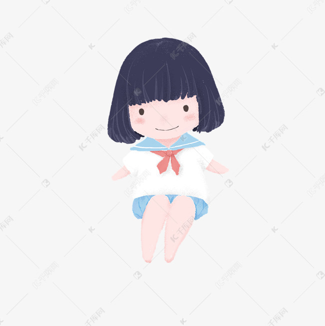 坐着的卡通娃娃头女小学生